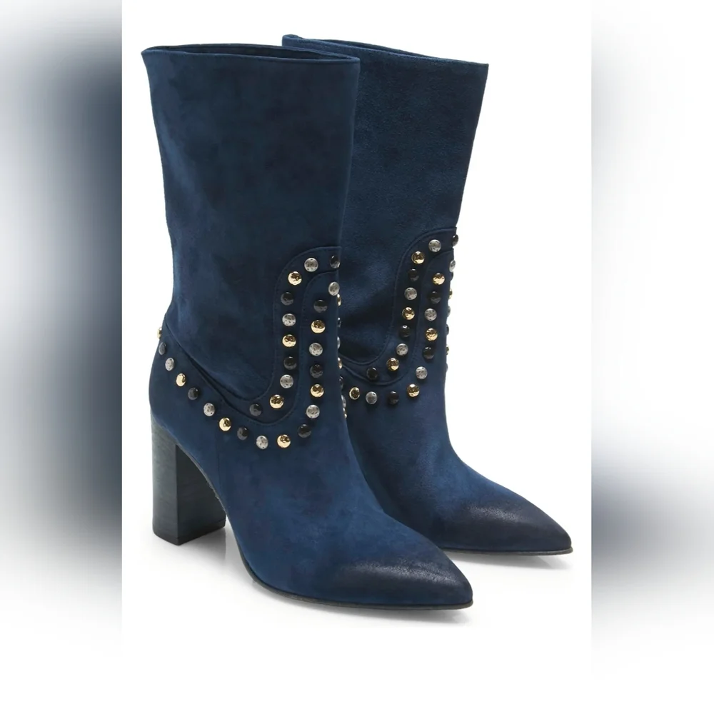 Western Chic Free People Blue Suede Studded Boots - Picture 2 of 8